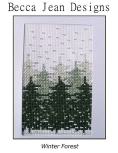 a cross stitch pattern with trees in the background and text below that reads beca jean designs winter forest