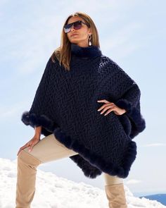 Our Cable Fur Trim Poncho adds a layer of warmth and luxurious style to your look. Envelop yourself in the cozy cable sweater texture with statement-making fur trim, designed in a striking silhouette that offers less restrictive movement. | Boston Proper - Evening Blue - Cable Fur Trim Poncho - Medium/Large Winter Faux Fur Poncho With Trim, Winter Poncho With Faux Fur Trim, Luxury Winter Poncho, Sweater Texture, Denim Jean Dress, Cozy Tops, Basic Sweaters, Sweater Layering, Shoes For Leggings