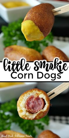 Two pictures of mini corn dogs on a stick, the top one dipped in mustard and the bottom one with a bite out of it. Mini Corndogs Recipe, Smokie Recipe, Corn Dog Bites Recipe, Corn Dog Bites, Corn Dog Recipe, Dog Vegetables