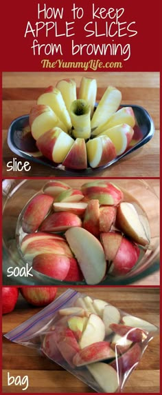 three pictures showing how to keep apples from browning