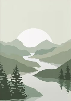 a painting of mountains and trees with the sun in the sky above them, on a gray background