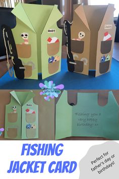 some paper bags that are on top of a table with the words fishing jacket card