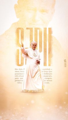 the pope is standing in front of a poster with his hand up and pointing at something