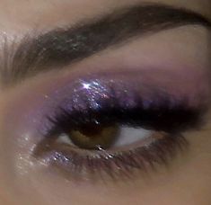 Purple Hoco Makeup Looks, Purple Speak Now Makeup, Purple Eyeshadow Looks For Prom, Purple Makeup Ideas For Brown Eyes, Sparkly Purple Makeup Looks, Sparkly Birthday Makeup, Speak Now Makeup Eras Tour, Purple Prom Eyeshadow, Quince Makeup Purple And Gold