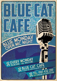 blue cat cafe poster with an old microphone