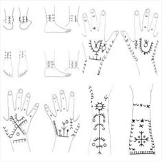 several drawings of hands and fingers with different designs on the palm, from top to bottom