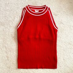 Red Knit Tank Top With Support Added In The Inside. Has White Stripes Along The Next And Shoulders. Nwt. Size Xl Red Ribbed Sweater For Spring, Red Knitted Casual Tops, Red Sleeveless Winter Tops, Red Crew Neck Knit Top, Trendy Red Stretch Knit Top, Casual Red Stretch Sweater, Casual Red Knitted Top, Casual Red Knit Top, Casual Red Summer Sweater