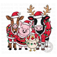 three farm animals wearing christmas sweaters and standing next to each other