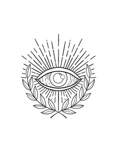 an all seeing eye surrounded by leaves and sunbursts on a white background