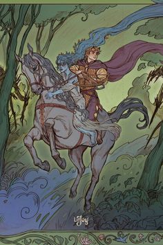 a man riding on the back of a white horse through a forest filled with trees