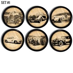 four coasters with old cars on them in black and beige colors, set 1