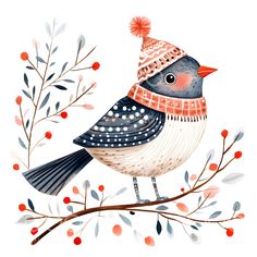 a watercolor painting of a bird wearing a knitted hat and scarf sitting on a branch