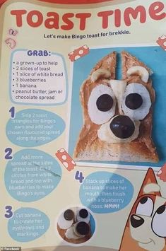 an advertisement for toast time with the instructions to make it look like a dog's face