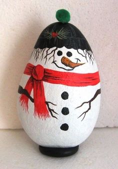 an egg decorated with a snowman's hat and scarf