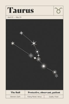 the zodiac sign taurus is depicted in this black and white poster with stars on it