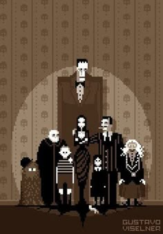 an old pixel art poster with people dressed up as characters from the addams movie