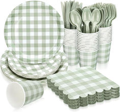 green and white gingham checkered tableware with matching plates, napkins and cups