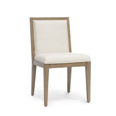 a white chair with wooden legs and a beige upholstered seat on an isolated background