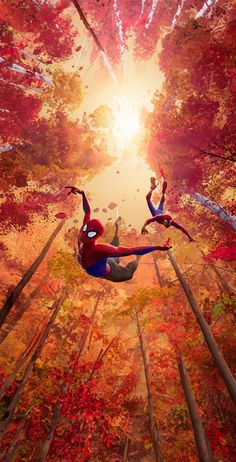 spider - man flying through the air in an autumn forest