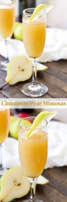 two glasses filled with orange pear mimosh on top of a wooden table next to sliced apples