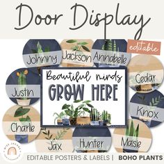 Modern Boho Plants Door Display | Editable Rustic Classroom Decor - Miss Jacobs Little Learners Minds Grow Here Classroom Door, Plant Boho Classroom, Nature Classroom Door Ideas, Watch Us Grow Bulletin Board, Boho Classroom Door, Plant Themed Classroom, Eucalyptus Classroom, Rustic Classroom Decor, 2023 Classroom