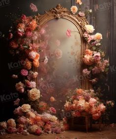 an ornate mirror surrounded by pink and orange flowers