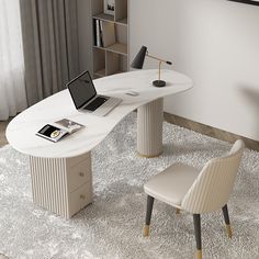 a white table with a laptop on it and two chairs in front of the table