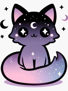 a black cat sitting on top of a purple and blue object with stars in the background