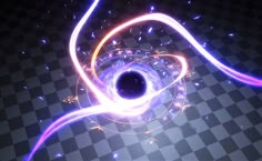 an image of a black hole in the middle of some blue and purple lights on a checkered surface