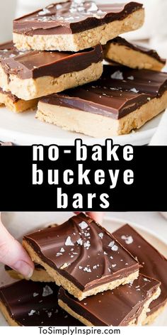 no - bake buckeye bars on a plate with text overlay