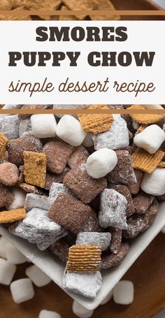 s'mores puppy chow recipe on a plate with marshmallows