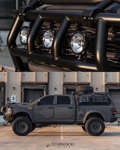 the front and side view of a black truck with lights on it's headlamps