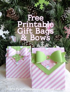 two pink and green gift bags sitting on top of a table next to pine cones