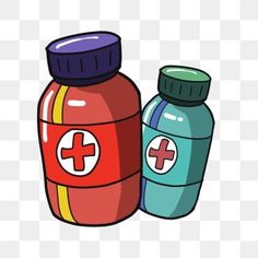 two medicine bottles with the first one red and the second blue