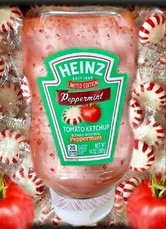 a jar of heinz pepperoni tomato ketchup surrounded by candy canes