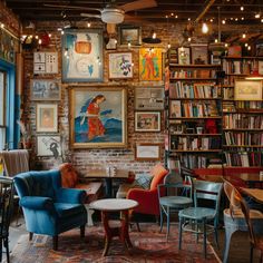 a living room filled with furniture and bookshelves covered in pictures on the wall