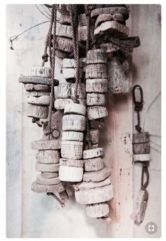 several pieces of driftwood hanging from a rope on a wooden wall with other items attached to it