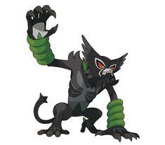 a black cat with green claws and red eyes holding up his hand in the air