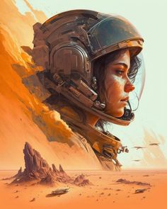 a painting of a woman wearing a space suit and helmet with mountains in the background