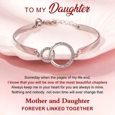 To my Daughter,Someday when the pages of my life end,I know that you will be one of the most beautiful chaptersAlways keep me in your heartfor you are always in mine.Nothing and nobody, not even time will ever change that.Mother and DaughterForever Linked TogetherITEM SPECIFICS: -Nickel free: Made of 316 stainless steel -Size: Adjustable from 6.5"- 8" -Package Content: 1*Bracelet, 1*Gift Box, 1*Full-designed Gift Card -Free Gifts: Black velvet bag, jewelry polish cloth💗 A jewelry with a message Letter To My Daughter, Circle Bracelet, Bag Jewelry, Daughter Mother, Gift For Daughter, Mother And Daughter, Girl Stuff, Velvet Bag, Polish Jewelry