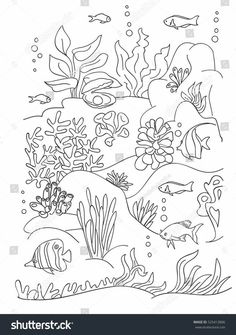 an underwater scene with fish and plants coloring page for children stock photo - illustration, black and