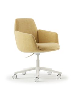 an office chair with wheels and a beige upholstered seat, viewed from the front