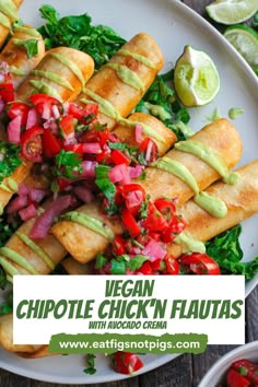 vegan chipotle chicken flautas with avocado cream on a white plate