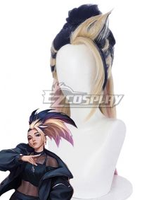 an anime character wig with blonde hair and black outfit on top of a white mannequin