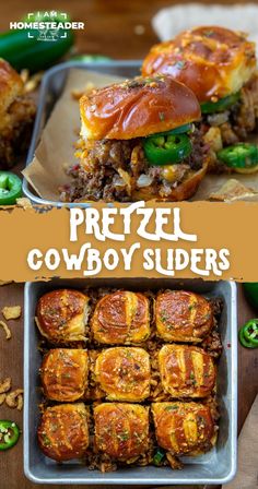 two pictures with the words pretzel cowboy sliders on them and an image of some