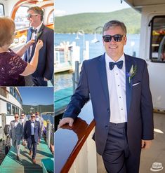 a man in a suit and sunglasses getting ready to go on a boat with other people