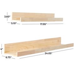 two wooden shelves are shown with measurements for each shelf in the same size and width