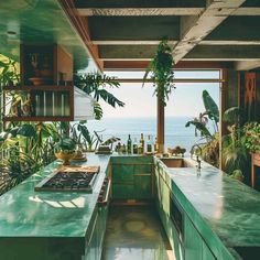 a kitchen with green counter tops and plants