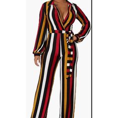 Women's Sexy Jumpsuits Stripex Print V Neck Collar Long Sleeve Wide Leg Belted Long Pants Romper Size: 2xl Product Measurements: Bust:40.6 Inch Waist:32.3 Inch Hip: 42.5 Inch Length:58.3 Inch White Linen Jumpsuit, Pants Romper, Winter Date Night Outfits, Romper Long Pants, Date Night Outfit Summer, V Neck Collar, Long Pant Jumpsuit, Pants Jumpsuit, Black Leather Pants