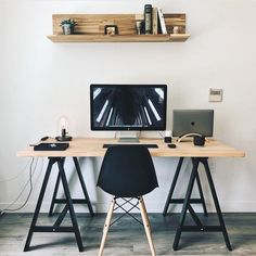 a desk with a computer on top of it